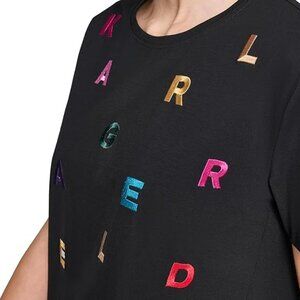 Karl Lagerfeld Paris Letter Logo T-Shirt Colorful Letter Print Black Women's Top